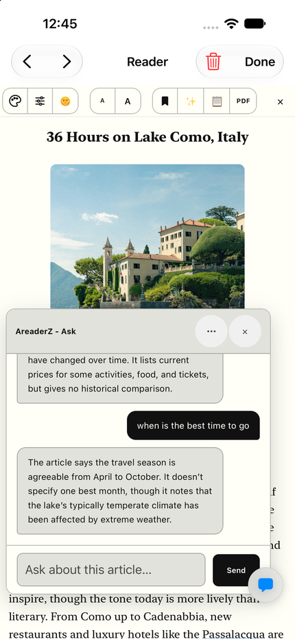 AreaderZ on an iPhone: a saved article open in the app with an Ask conversation answering questions about it.