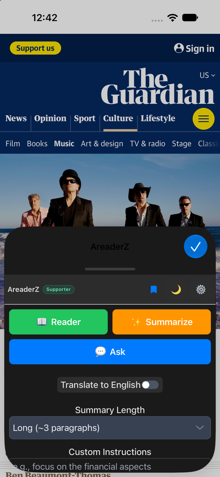 The AreaderZ panel in Safari on an iPhone: Reader, Summarize and Ask buttons, a Translate toggle, the summary length and custom instructions.