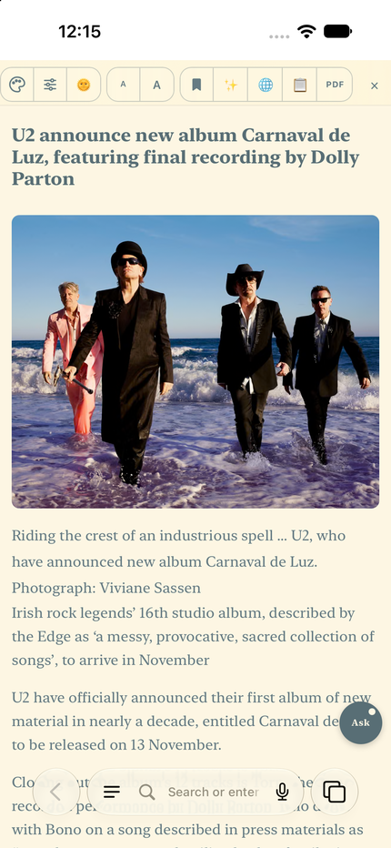 The same Guardian article read in the AreaderZ reader on an iPhone, Solarized theme, with the reader toolbar above it.