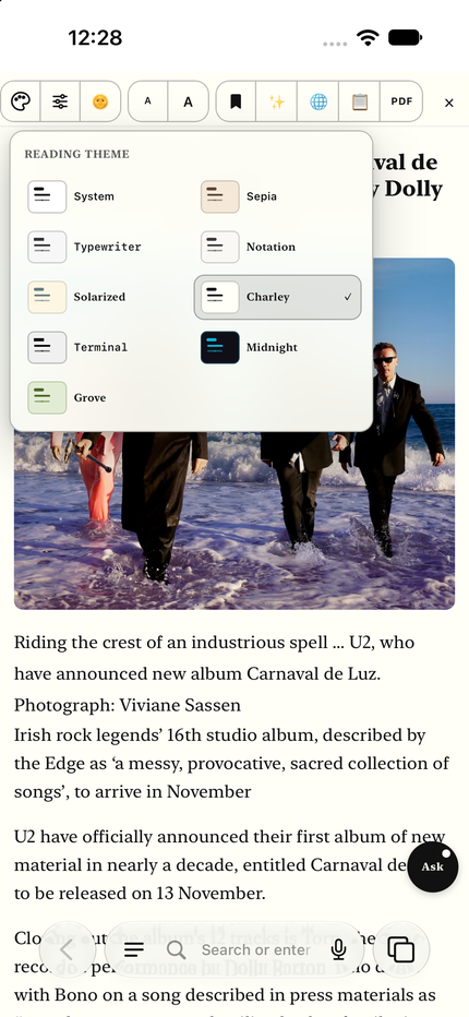 The same theme picker on an iPhone, listing all nine themes with Charley ticked.