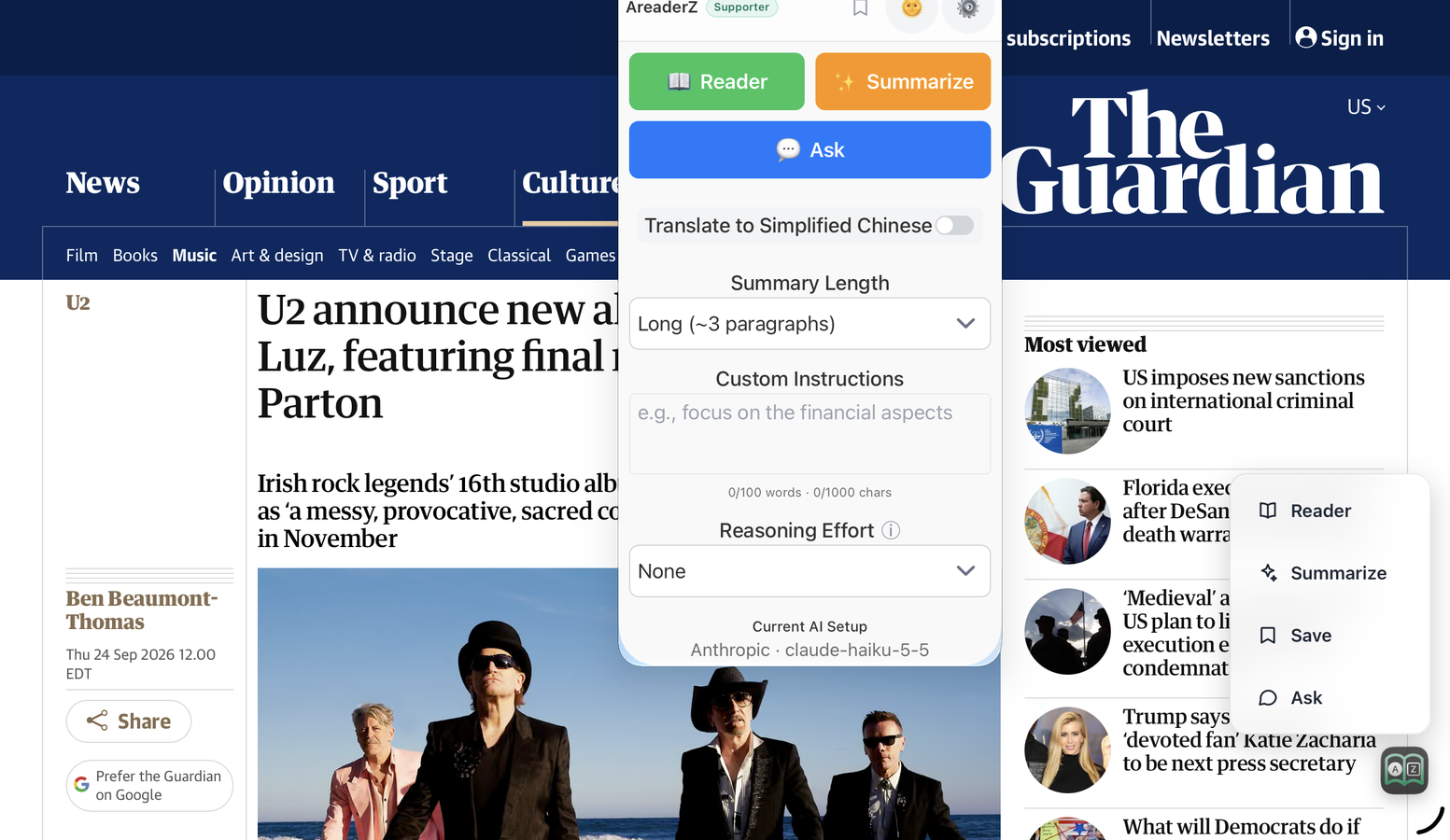 The AreaderZ panel over a page in Safari on an iPad: Reader, Summarize and Ask, a translate toggle, the summary length, custom instructions and the current AI setup.