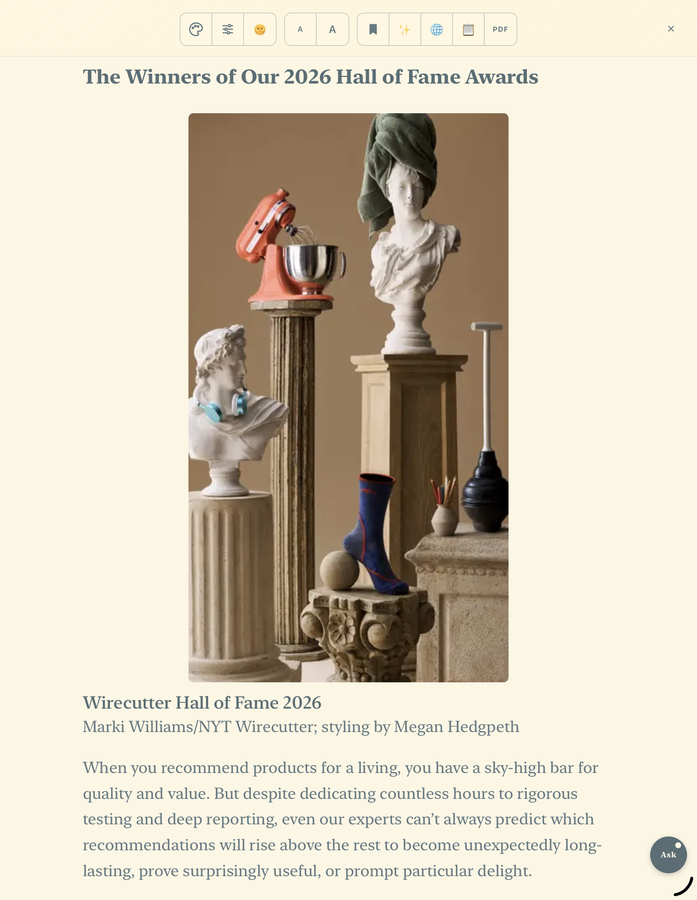 A second article in the reader on an iPad, in a light theme: one column with its photograph and nothing else on the page.