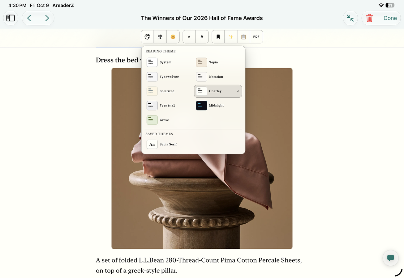 The reading-theme picker open on an iPad, listing System, Sepia, Typewriter, Notation, Solarized, Charley, Terminal, Midnight and Grove, with a saved theme below them.