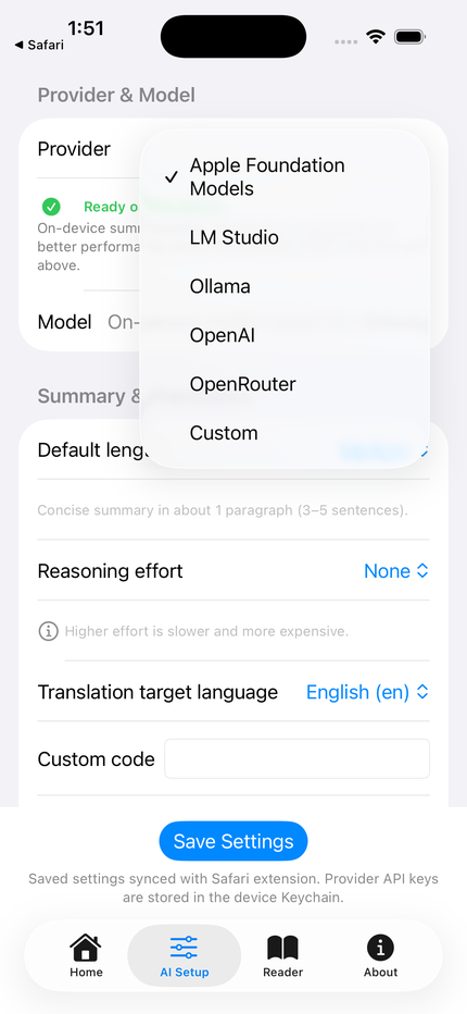 The AreaderZ AI Setup screen on an iPhone with Apple Foundation Models selected and an on-device summary ready.