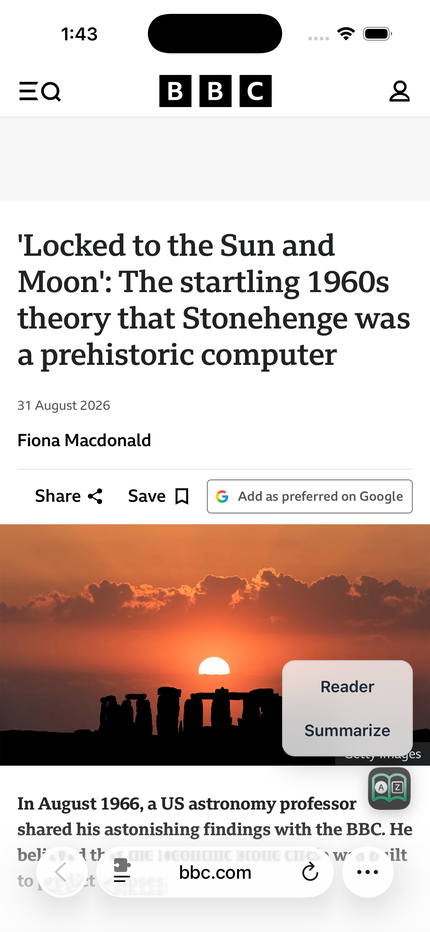 The AreaderZ floating button open on an iPhone article, offering Reader and Summarize.