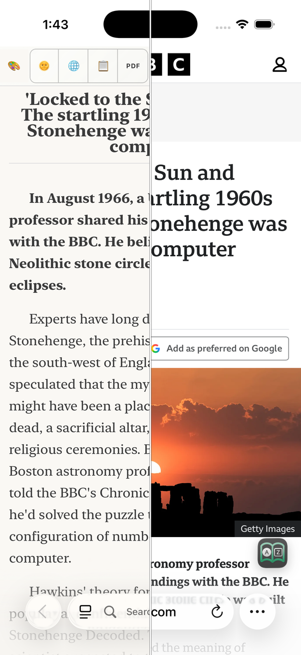 Split comparison on iPhone: the AreaderZ reader on the left, the original news page on the right.