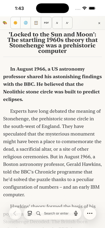 AreaderZ reader view in light mode on an iPhone, Notation theme, showing a BBC News article.