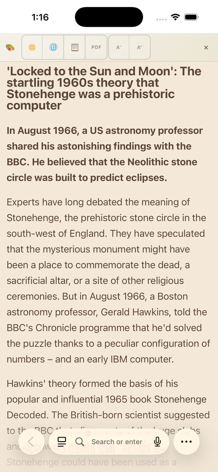 AreaderZ reader view in Safari on an iPhone, showing a BBC News article with the reading toolbar above it.