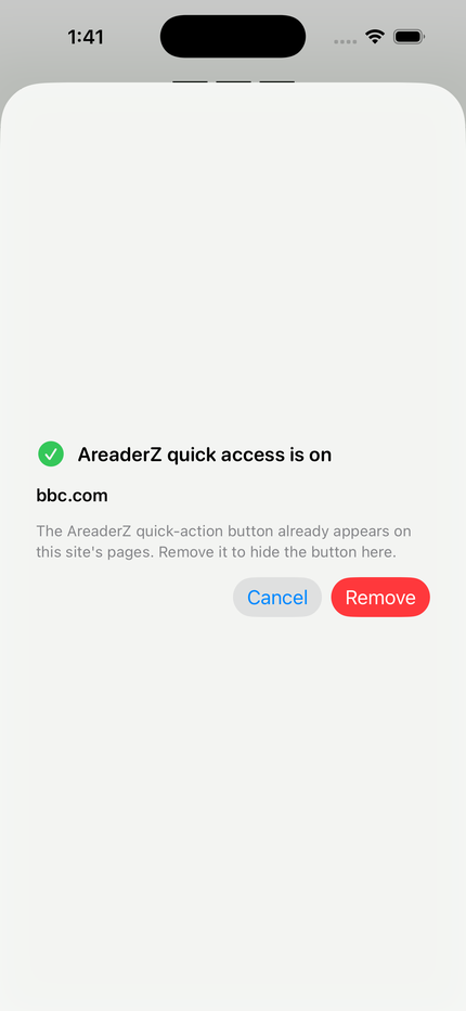 The iOS share sheet showing AreaderZ's 'quick access is on' state for bbc.com with Cancel and Remove buttons.
