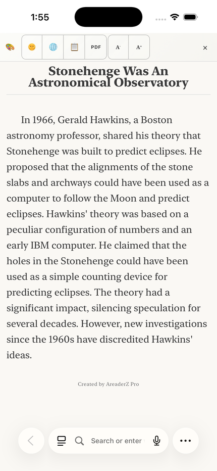 AreaderZ on an iPhone showing an AI summary written by Apple's on-device model.