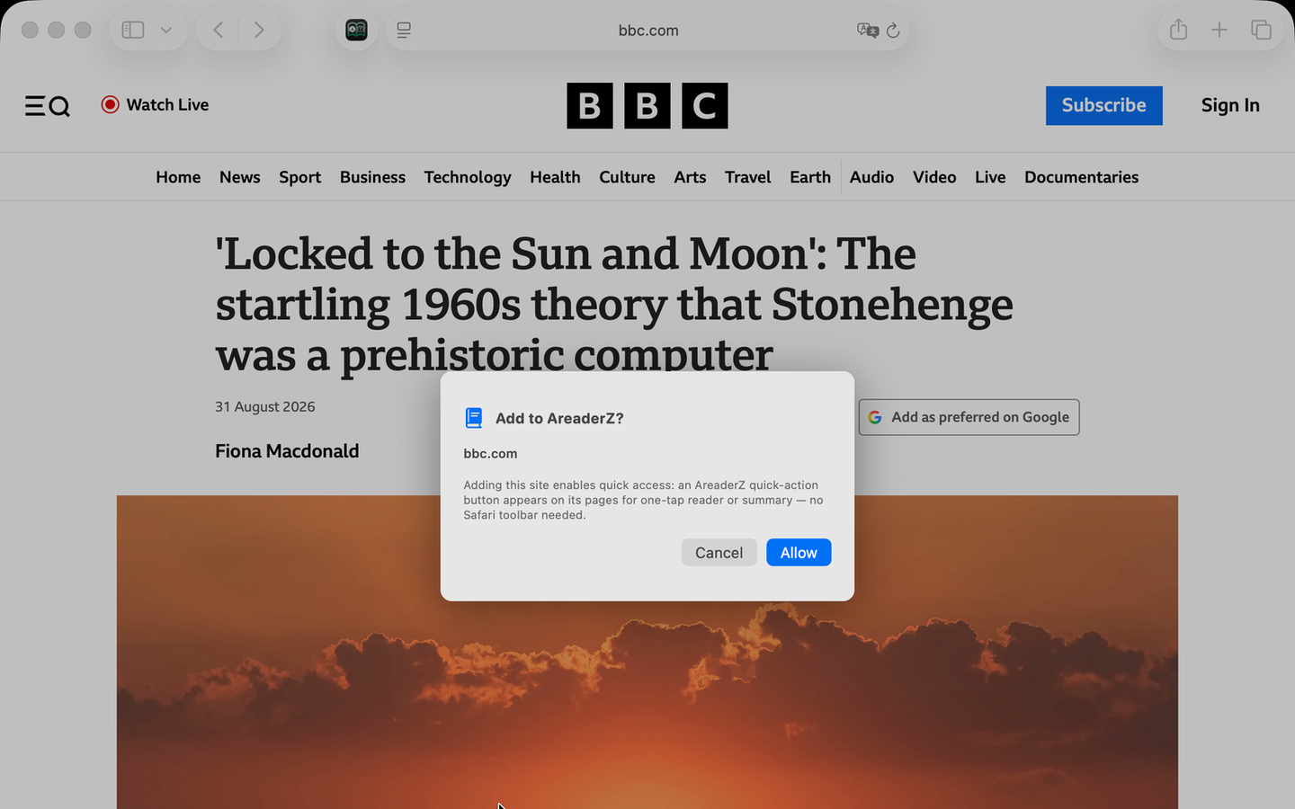 Safari on macOS showing the 'Add to AreaderZ?' confirmation sheet for bbc.com, with Cancel and Allow buttons.