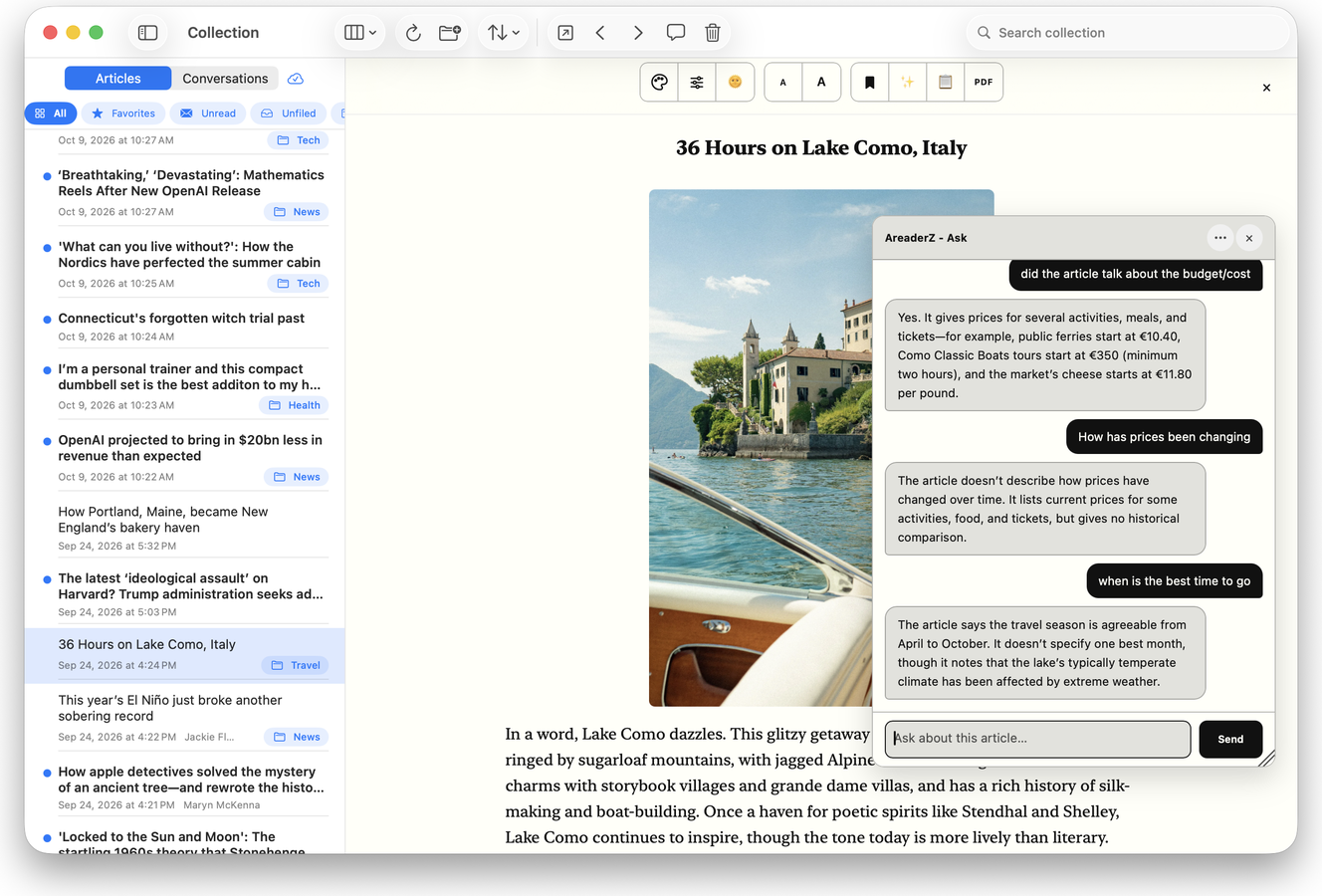 The AreaderZ Collection on a Mac: the saved articles listed down the side, with one of them open in the reader beside them.