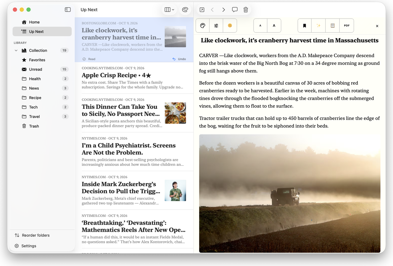 The AreaderZ app on a Mac showing Up Next: a queue of article cards from several sites with thumbnails, and the selected article open beside them.