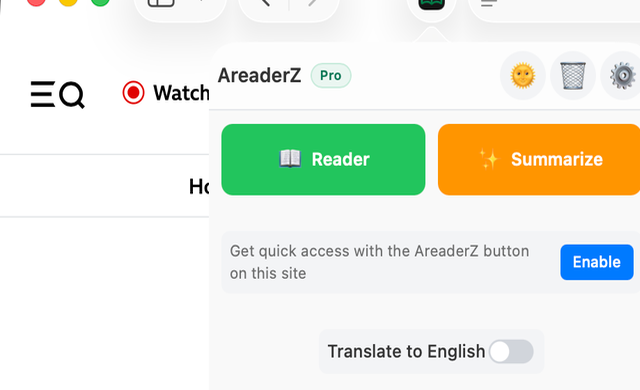 The AreaderZ pop-up in Safari on a Mac, with Reader and Summarize buttons and the current AI setup showing Apple Foundation Models.