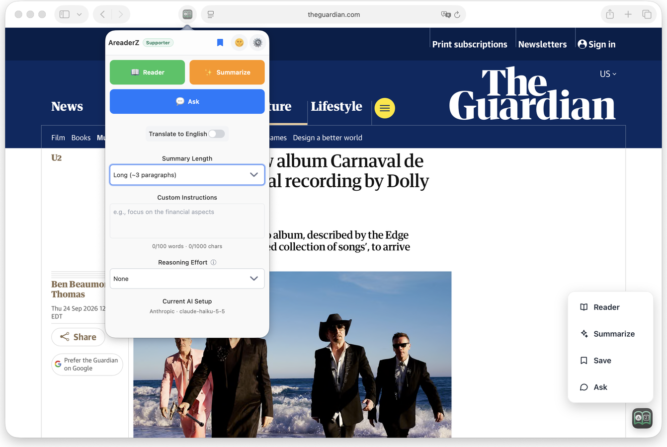 The AreaderZ panel open in Safari on a Mac, over a news article: Reader, Summarize and Ask buttons, a Translate toggle, the summary length and the current AI setup.