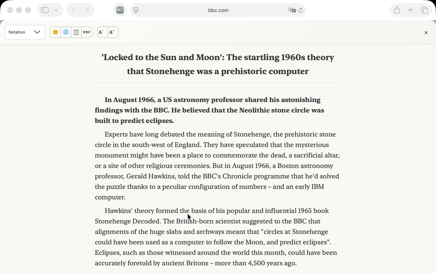 AreaderZ reader view in Safari on a Mac: a BBC News article shown without ads, pop-ups or sidebars.