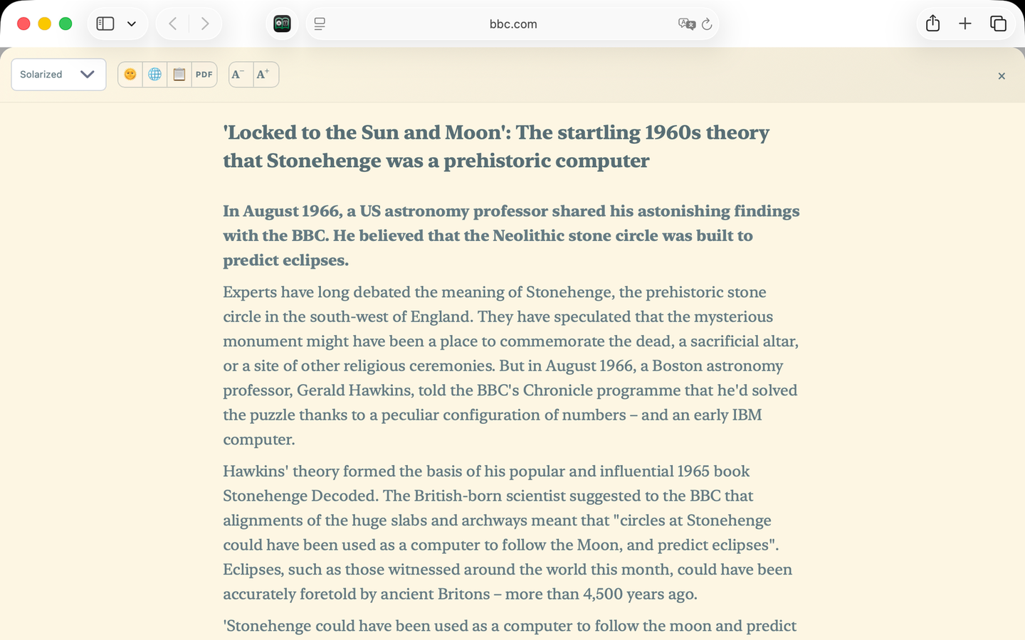 AreaderZ reader view in light mode on a Mac, Solarized theme, showing a BBC News article.