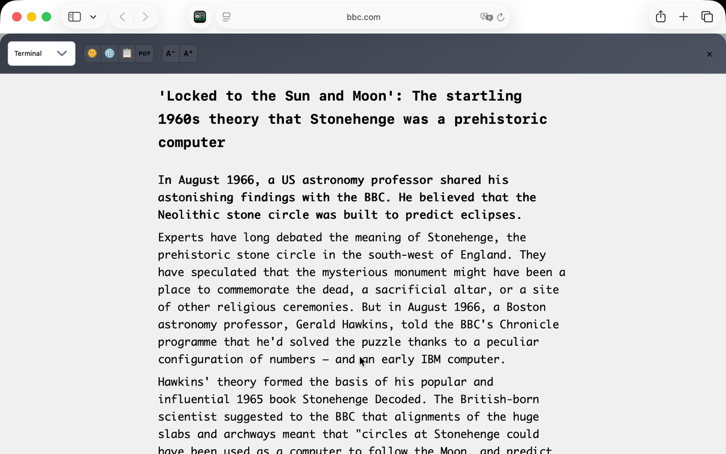 The same Mac reader view with the Terminal theme: monospaced type on a plain background.