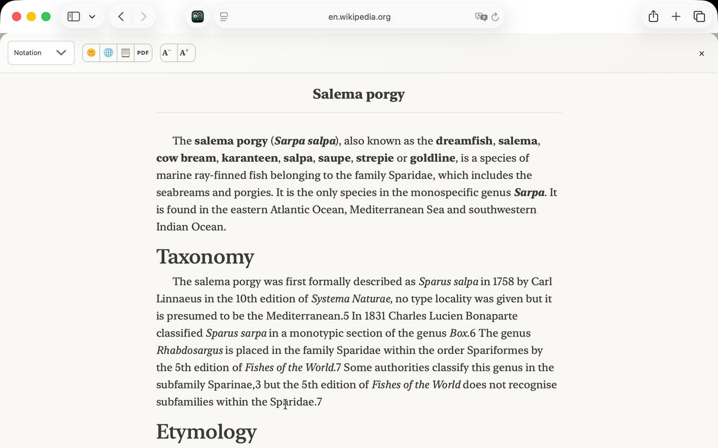 AreaderZ reader view on macOS showing the Wikipedia article 'Salema porgy' with the site's navigation, sidebars and edit links stripped away.